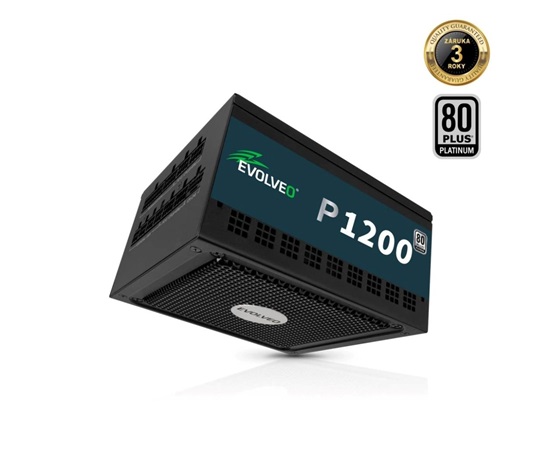 EVOLVEO P1200, zdroj 1200W, 80+ PLATINUM, ATX 3.1, aPFC, 140 mm ventilátor, plně modulární, 3 roky záruka, černý