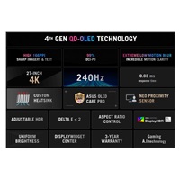 ASUS LCD 27" ROG Strix OLED XG27UQDMS Gaming monitor, 3840x2160, Flat, G-Sync, 240Hz, 0,03ms, HDMI, DP, VESA