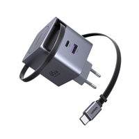 UGREEN síťová rychlonabíječka se zatahovacím kabelem 65W 3-Port, 2x USB-C, 1x USB-A, GaN, stříbrná