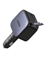 UGREEN rychlonabíječka do auta se zatahovacím kabelem 60W 3-Port, 2x USB-C,1x USB-A, GaN, stříbrná