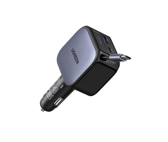 UGREEN rychlonabíječka do auta se zatahovacím kabelem 90W 3-Port, 2x USB-C,1x USB-A, GaN, stříbrná
