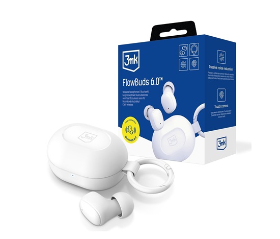 3mk bezdrátová stereo sluchátka FlowBuds 6.0 white, nabíjecí pouzdro, bílá