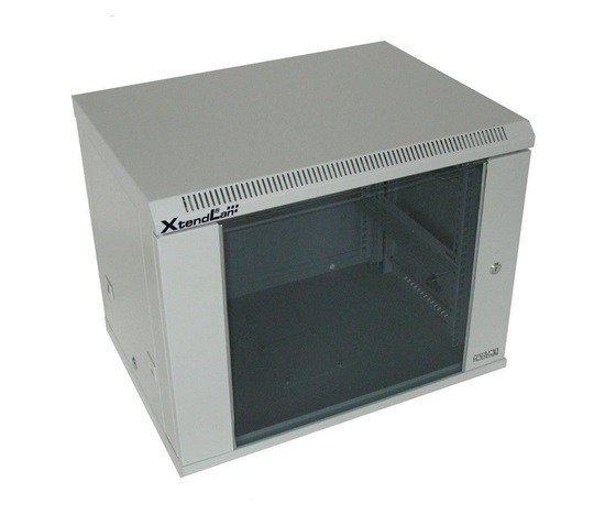 BAZAR - XtendLan 19" nástěnný rozvaděč 9U 600x450, nosnost 60 kg, skleněné kouřové dveře, svařovaný, šedý - poškozeno
