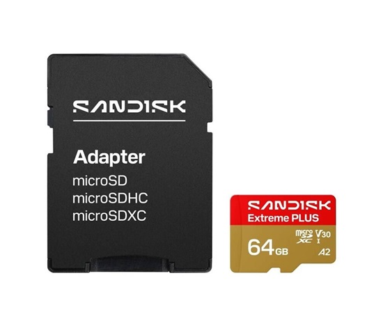 SanDisk MicroSDHC karta 64GB Extreme PLUS (R200/W90MB/s, UHS-I V30, Rescue Pro Deluxe) + adaptér