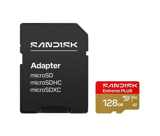 SanDisk MicroSDHC karta 128GB Extreme PLUS (R250/W120MB/s, UHS-I V30, Rescue Pro Deluxe) + adaptér