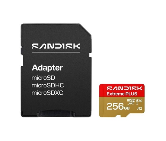 SanDisk MicroSDHC karta 256GB Extreme PLUS (R250/W170MB/s, UHS-I V30, Rescue Pro Deluxe) + adaptér