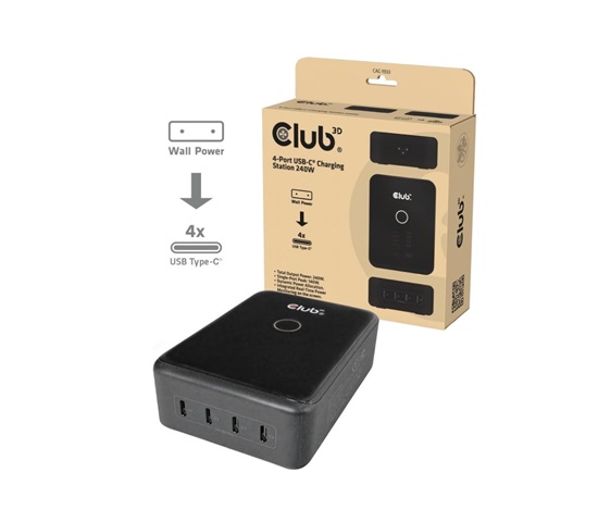 Club3D nabíječka 240W Charging Station GaN, 4xUSB-C, PPS + PD 3.1 Support + Led Display