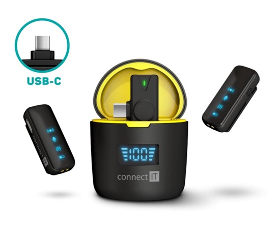 CONNECT IT Wireless mikrofon ClipMic Pro USB-C  (2 ks + receiver) set s nabíjecím pouzdrem ČERNÝ