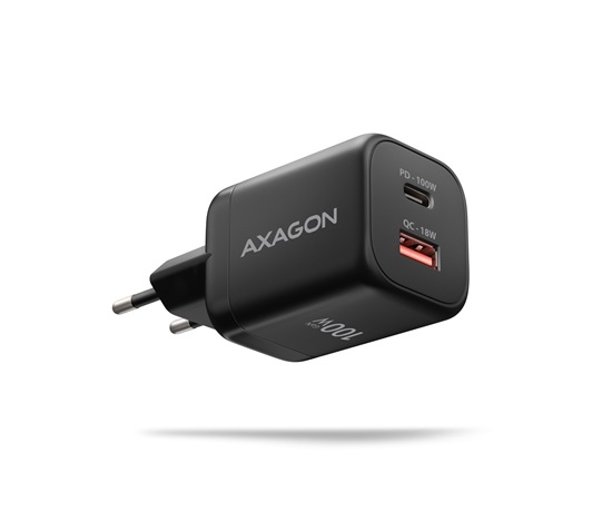 AXAGON ACU-PQ100, GaN nabíjačka do siete 100W, USB-A + USB-C, PD3.0/PPS/QC4+/SFC2.0/Apple, čierna