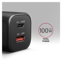 AXAGON ACU-PQ100, GaN nabíjačka do siete 100W, USB-A + USB-C, PD3.0/PPS/QC4+/SFC2.0/Apple, čierna