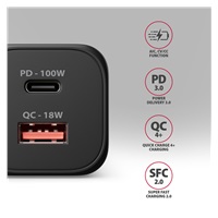 AXAGON ACU-PQ100, GaN nabíjačka do siete 100W, USB-A + USB-C, PD3.0/PPS/QC4+/SFC2.0/Apple, čierna