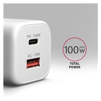 AXAGON ACU-PQ100W, GaN nabíjačka do siete 100W, USB-A + USB-C, PD3.0/PPS/QC4+/SFC2.0/Apple, biela