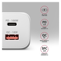 AXAGON ACU-PQ100W, GaN nabíjačka do siete 100W, USB-A + USB-C, PD3.0/PPS/QC4+/SFC2.0/Apple, biela