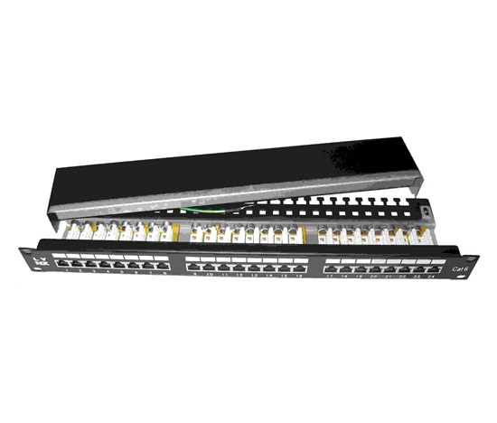 19" Patch panel LYNX 24port, STP, Cat6, 30µm, dvojitá svorkovnica, čierny