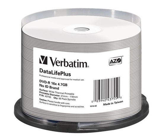 VERBATIM DVD-R(50-balenie)/vreteno/16X/4.7 GB/DataLife Plus Wide Thermal Professional Bez ID značky