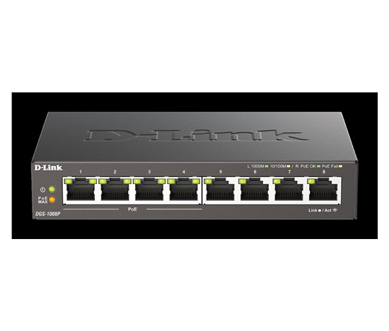 D-Link DGS-1008P 8-portový gigabitový stolový prepínač, 4 porty PoE+, rozpočet PoE 68 W