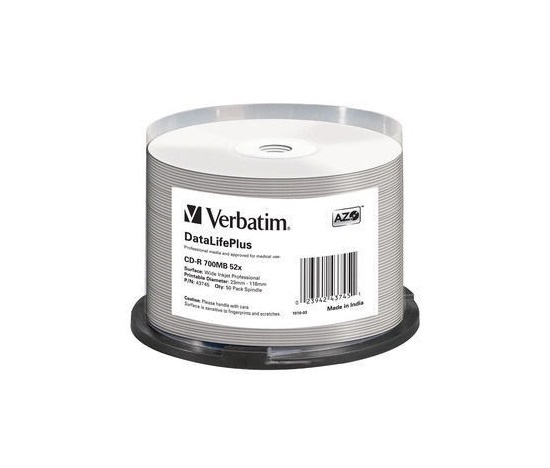 VERBATIM CD-R(50-pack) spindl, AZO 52X,700MB,WHITE WIDE PRINTABLE SURFACE NON-ID