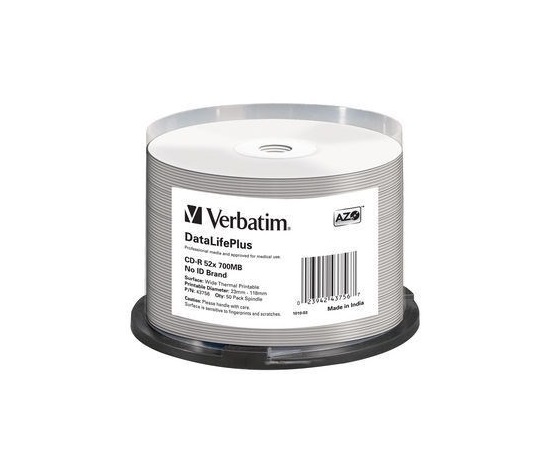 VERBATIM CD-R(50-pack) spindl, AZO 52X,700MB,WHITE WIDE THERMAL PRINTABLE SURFACE NON-ID