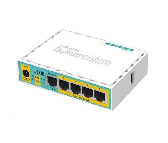 MikroTik RouterBOARD hEX PoE Lite, 650MHz CPU, 64MB RAM, 5x LAN, USB, PoE, 1x USB, vrátane. Licencia L4