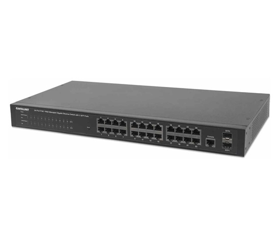 Intellinet 24-portový gigabitový prepínač s webovým riadením PoE a 2 portami SFP (240 W), 24 portov PoE+/PoE 802.3at/af