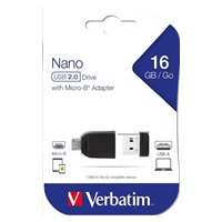 VERBATIM Flash disk 16 GB Store 'n' Stay NANO + adaptér micro USB OTG, USB 2.0, čierna