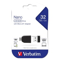 VERBATIM Flash disk 32 GB Store ‘n‘ Stay Nano + adaptér micro USB OTG, USB 2.0, čierna