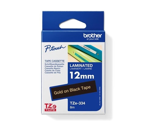 BROTHER TZE334 - 12 mm široká kazeta TZ, laminovaná TZE-334, čierne/zlaté písmo