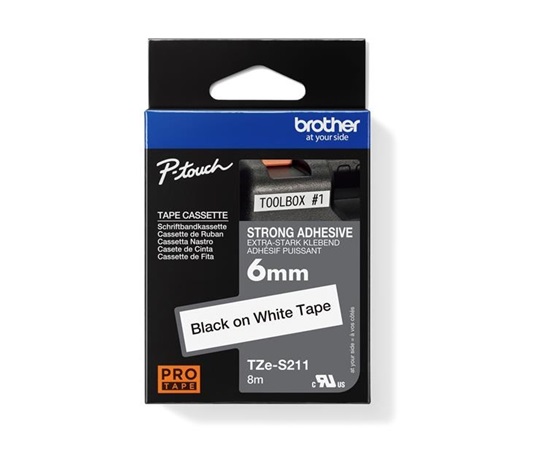 BROTHER TZES211 - kazeta TZ so šírkou 6 mm, extrémne priľnavý laminát TZE-S211, biele/čierne písmo