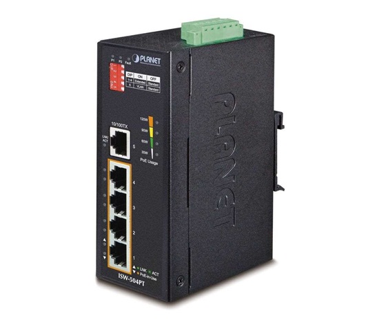 Planet ISW-504PT, 5x 10/100, 4x POE IEEE 802.3af, 60W, DIN, IP30, -40~75 st.C