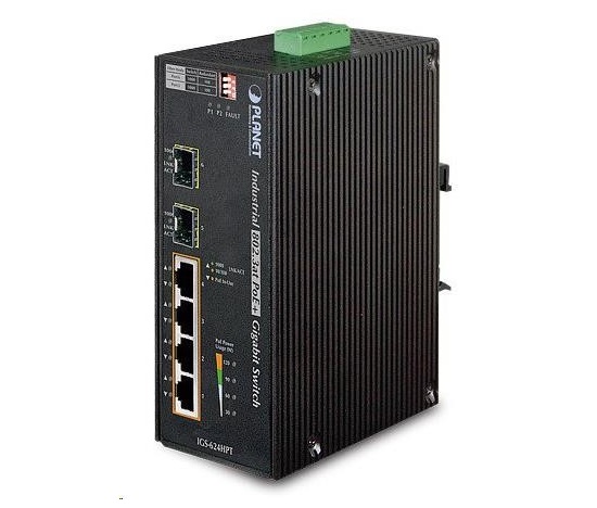 Planet IGS-624HPT, PoE switch 4x 1000Base-T, 2x SFP 100/1000Base-X, 802.3at 120W, DIN, IP30, -40 až +75st.C