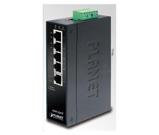 Planet ISW-501T, 5x 10/100, DIN, IP30, rozšírený teplotný rozsah -40 ~ 75 st.C