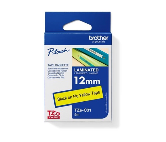 BROTHER TZEC31 - 12 mm široká kazeta TZ, laminovaná TZE-C31, signálne žlté/čierne písmo