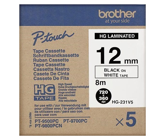 BROTHER HGE-231V5 Etiketovacie potreby, 12 mm čierna/biela (balenie 5 ks) Vysokokvalitná páska
