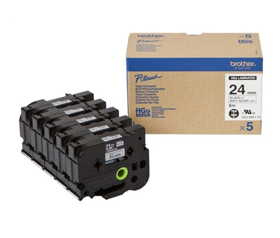 BROTHER HGE-M951V5 Etiketovacie potreby, 24 mm čierna/matná strieborná (balenie 5 ks) Vysokokvalitná páska