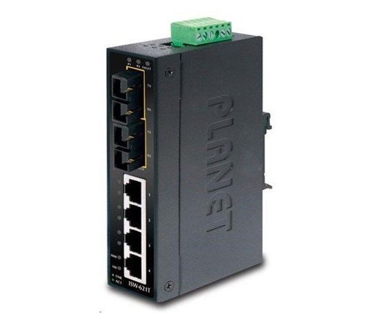 Prepínač Planet ISW-621TS15, priemysel.verzia 4x10/100+2x100BaseFX (SC) SM 15km, DIN, IP30, -40 až 75°C, 12-48V