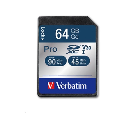 Karta VERBATIM SDXC 64GB Pro, U3, V30 (R:90/W:45 MB/s)