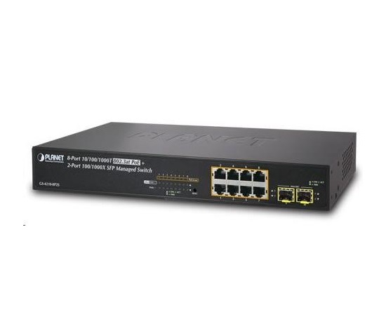 Planet GS-4210-8P2S PoE+ switch 8x 10/100/1000Base-T, 2x SFP, 802.3at do 120 W, VLAN, SNMP/WEB