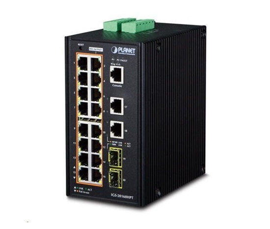 Planet IGS-20160HPT, 18x 1000BASE-T, 16x PoE 320W, 2x SFP, DIN, IP30, -40 AŽ 75°C, WEB/SNMPV3