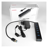 AXAGON HUE-SA7BP, 7x USB 3.0 ALU CHARGING hub, vr. AC adaptéra, kábel USB-A 40cm