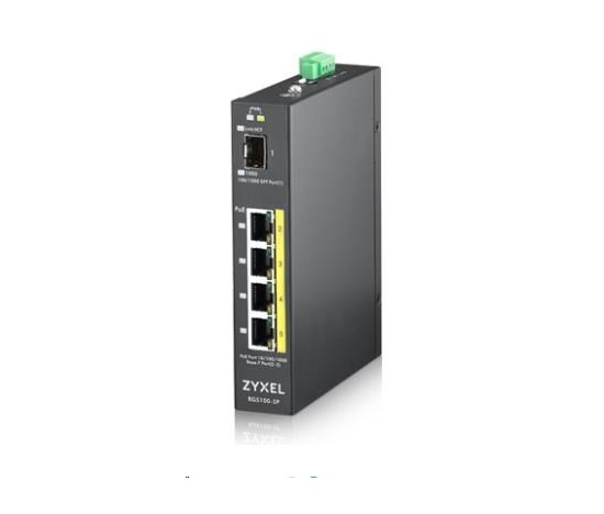 Zyxel RGS100-5P 5-portový gigabitový prepínač PoE, 4x GbE + 1x SFP, rozpočet PoE 120 W, montáž na DIN lištu/stenovú montáž, IP30