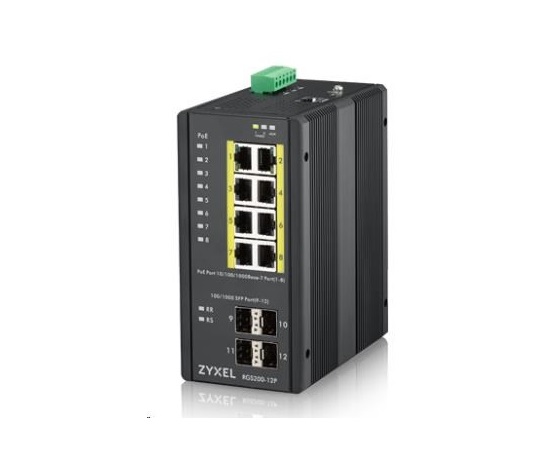 Zyxel RGS200-12P 12-portový gigabitový WebManaged PoE switch, 8x GbE + 4x SFP, rozpočet PoE 240W, montáž na DIN lištu/na stenu, IP30