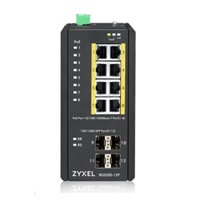 Zyxel RGS200-12P 12-portový gigabitový WebManaged PoE switch, 8x GbE + 4x SFP, rozpočet PoE 240W, montáž na DIN lištu/na stenu, IP30