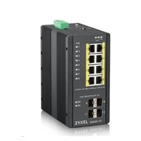 Zyxel RGS200-12P 12-portový gigabitový WebManaged PoE switch, 8x GbE + 4x SFP, rozpočet PoE 240W, montáž na DIN lištu/na stenu, IP30