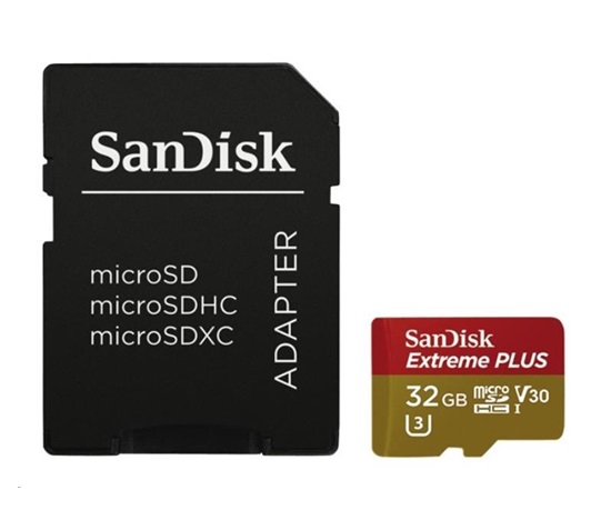 Karta SanDisk MicroSDHC 32GB Extreme PLUS (10MB/s, UHS-I V30, Rescue Pro Deluxe) + adaptér