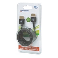 MANHATTAN Ultratenký vysokorýchlostný kábel HDMI s Ethernetom, HEC, ARC, 3D, 4K, HDMI samec - samec, tienený, čierny, 1,8 m