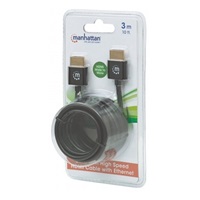 MANHATTAN Ultratenký vysokorýchlostný kábel HDMI s Ethernetom, HEC, ARC, 3D, 4K, HDMI samec - samec, tienený, čierny, 3 m