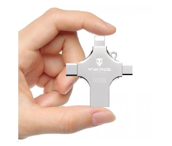 USB Flash disk Viking 3.0 4v1 s konektorom Lightning/Micro USB/USB/USB-C, 16 GB, strieborná