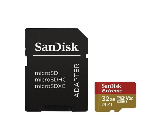 Karta SanDisk MicroSDHC 32 GB Extreme (100 MB/s, Class 10 UHS-I V30, pre akčné kamery) + adaptér