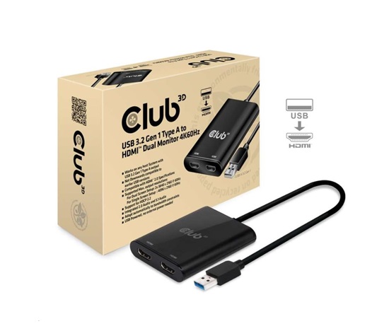Club3D adaptér USB A na 2xHDMI 2.0 Duálny monitor 4K 60 Hz (M/F)