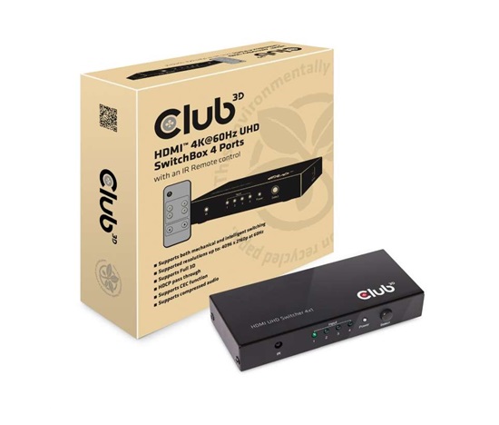 Club3D Video prepínač 4:1 HDMI 2.0 4K60Hz UHD, 4 porty